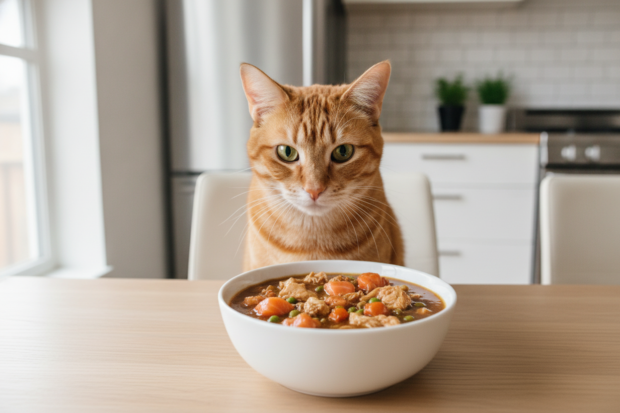 Orange tabby cat sitting by a bowl of grain-free wet cat food with chicken and vegetables