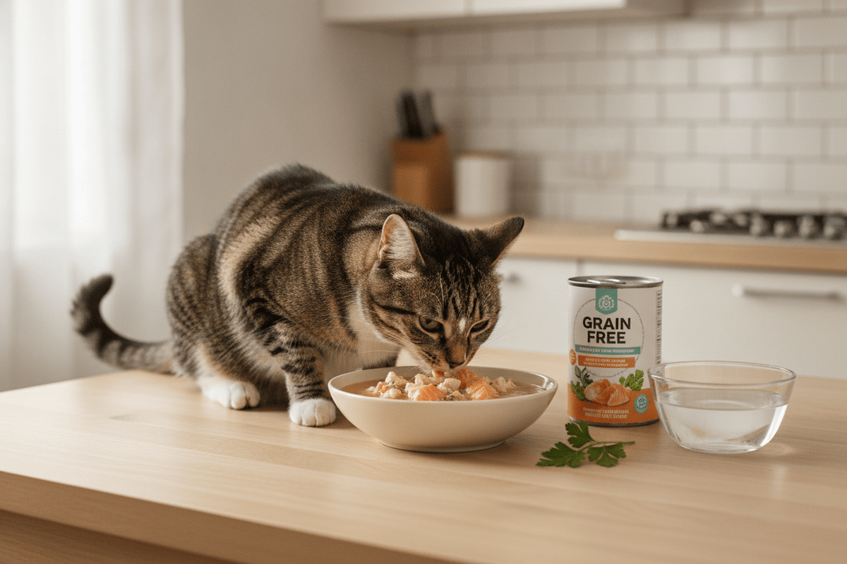 Tabby cat enjoying grain free wet cat food in a kitchen, highlighting healthy pet meal options