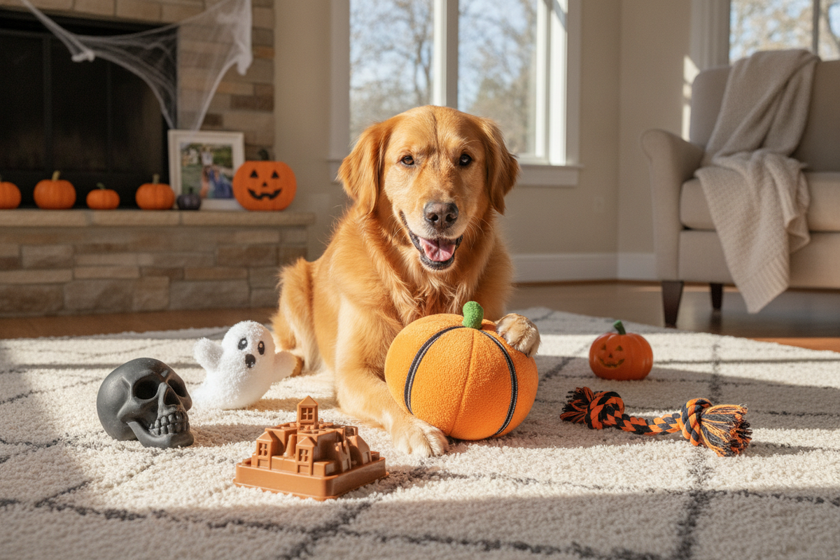 Golden retriever playing with Halloween dog toys including pumpkin and ghost plush in festive living room