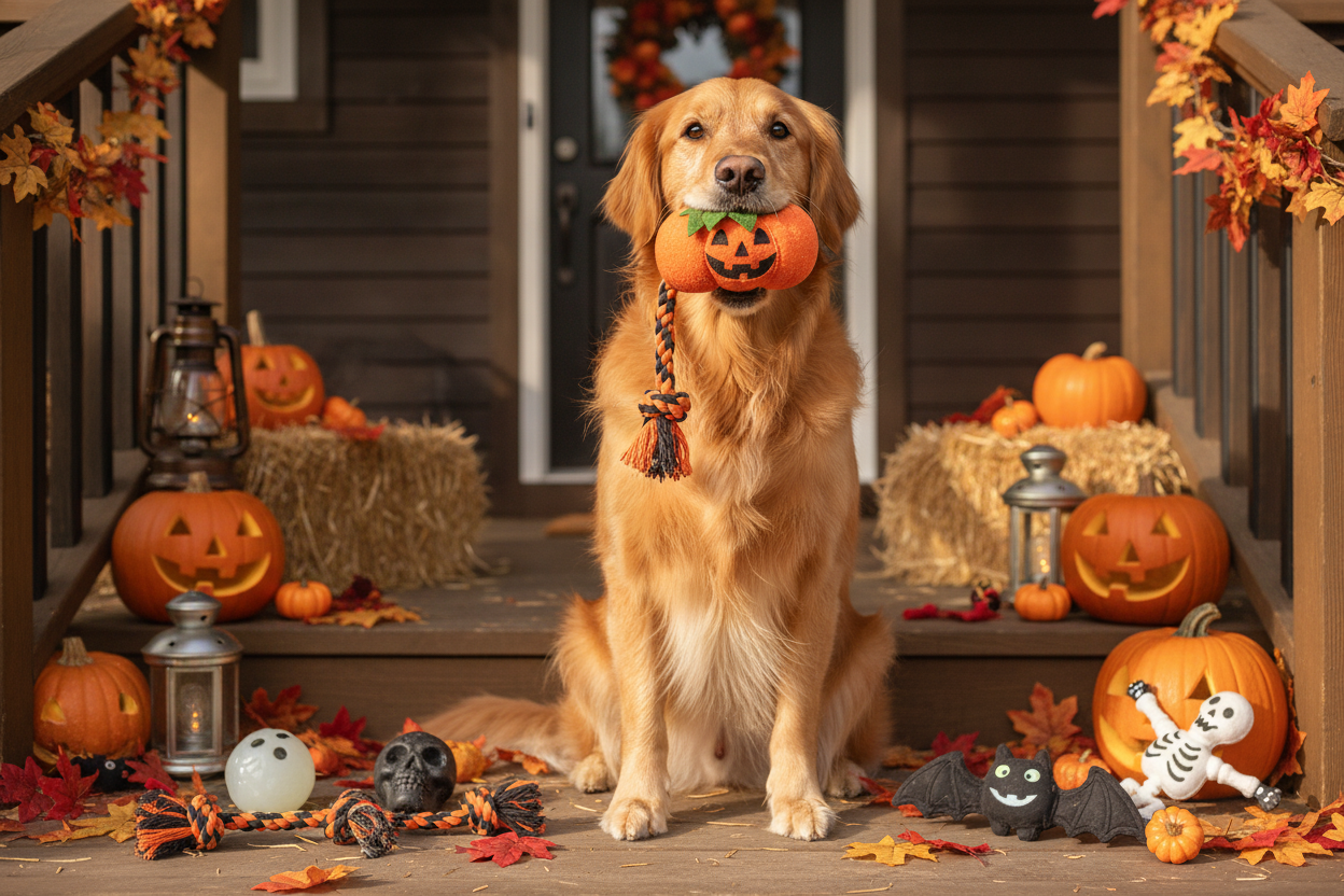 Golden retriever with Halloween dog toys surrounded by pumpkins and festive fall decorations on a porch