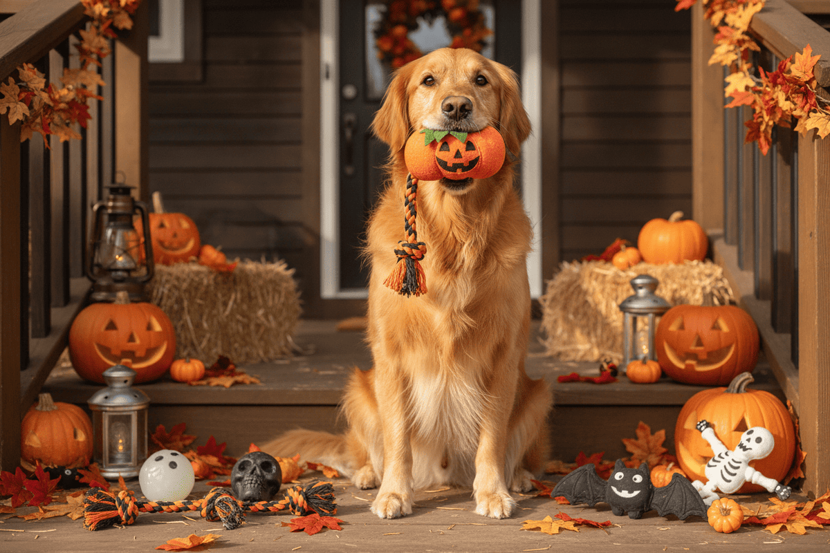 Golden retriever with Halloween dog toys surrounded by pumpkins and festive fall decorations on a porch