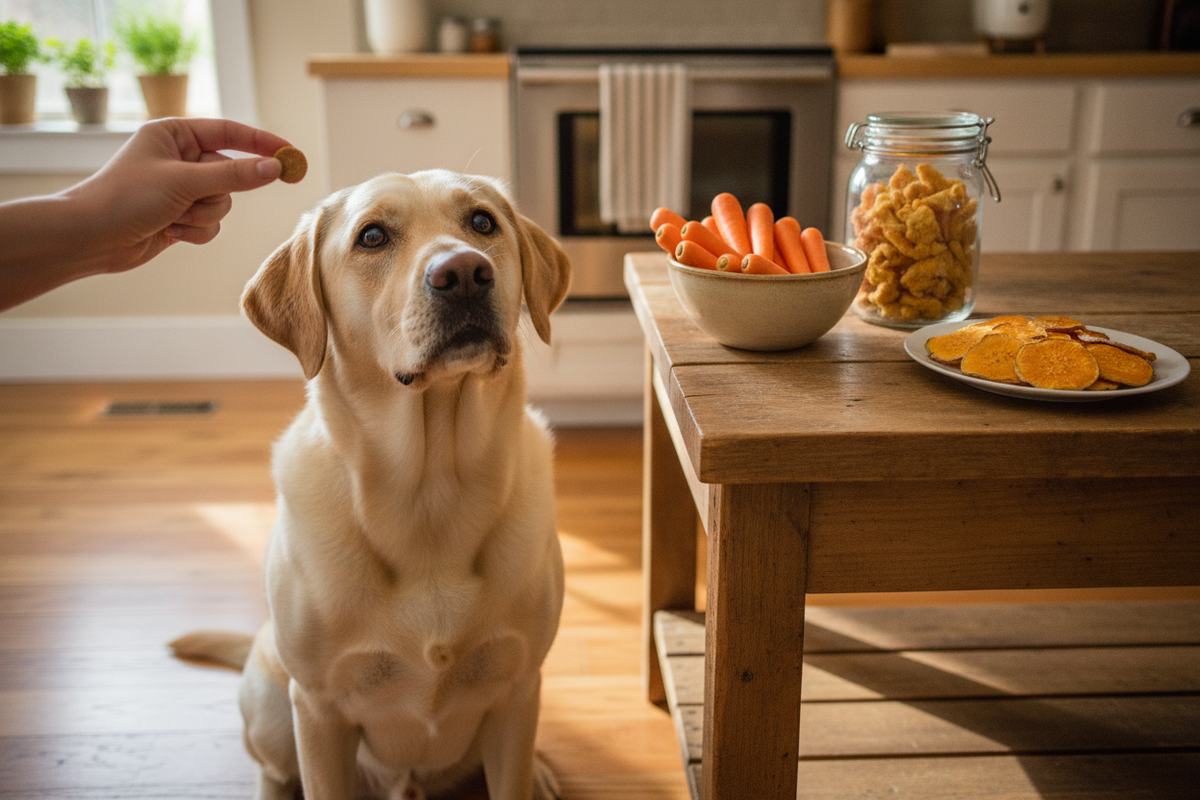 Labrador waiting for healthy dog treats low calorie, with carrots and sweet potato snacks on table