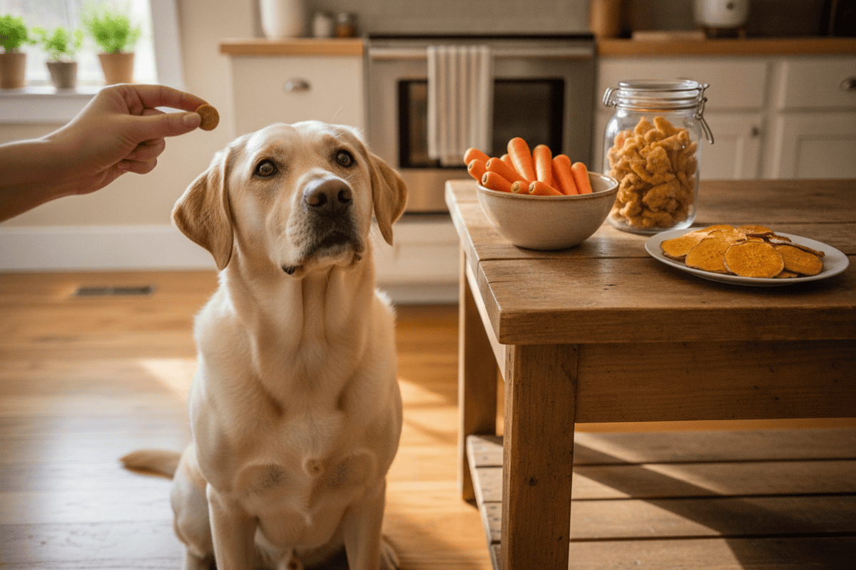 Labrador waiting for healthy dog treats low calorie, with carrots and sweet potato snacks on table