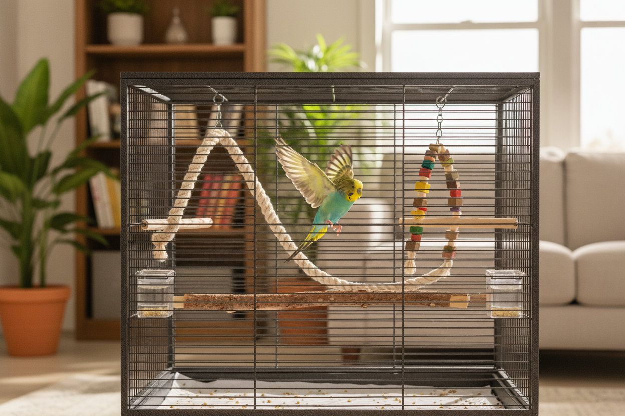 Colorful parakeet hops as light as bird from brier inside a large bird cage with toys