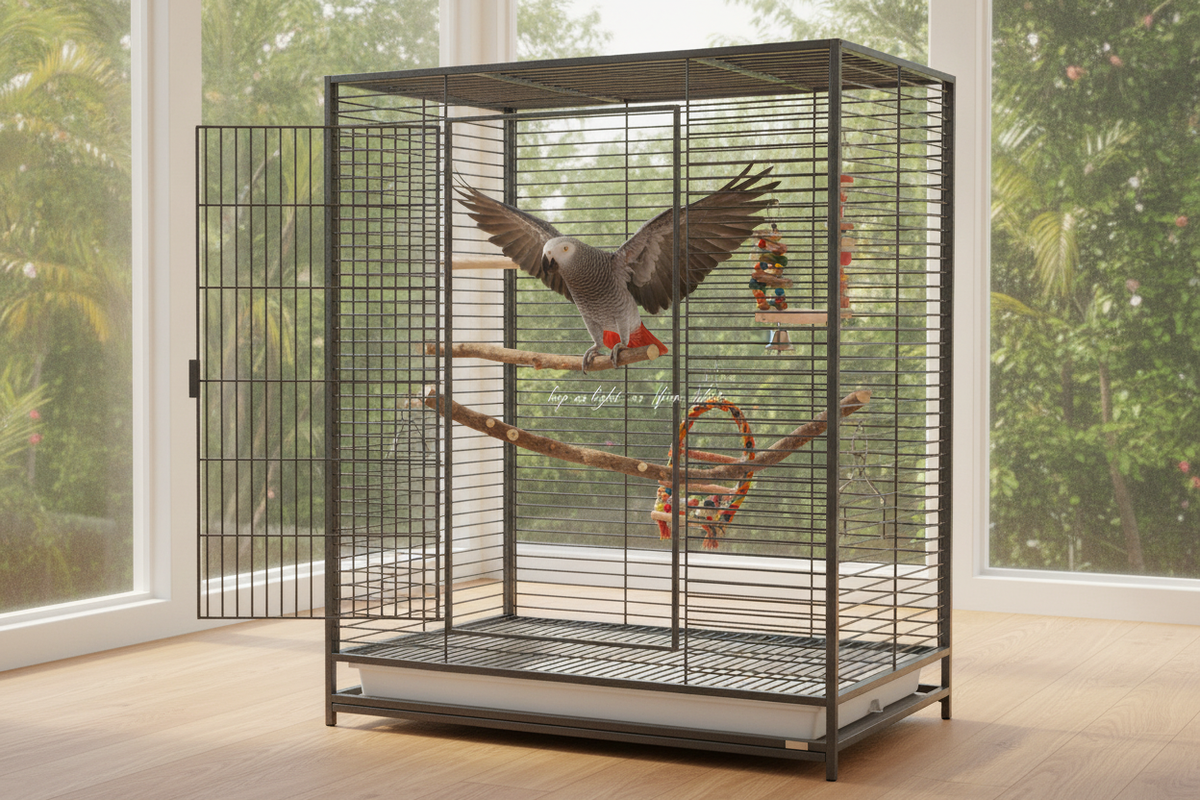 Large bird cage with parrot spreading wings, showing how birds hop as light as bird from brier