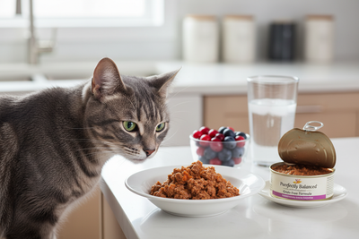 Tabby cat enjoying grain free wet cat food for a healthy, natural mealtime option