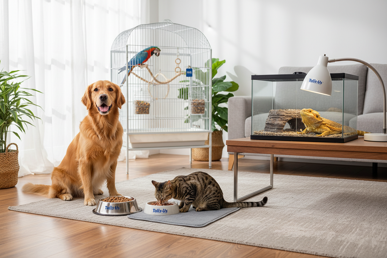 Happy pets enjoying talis-us products including wet food, treats, toys, and habitat essentials for all species