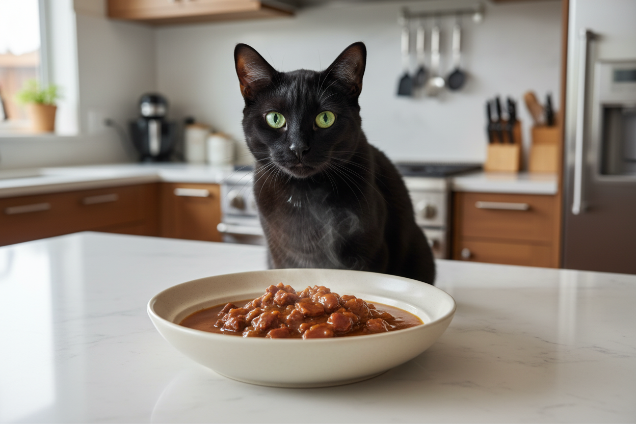 Black cat enjoying a bowl of best quality wet cat food in a modern kitchen setting