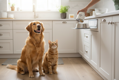 Happy dog and cat waiting for talis us wet food in a bright kitchen, discover quality pet nutrition