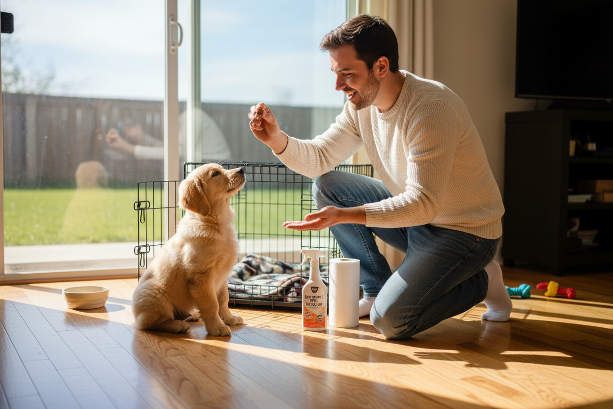 Man training a puppy with treats and crate, demonstrating how to housetrain a puppy effectively