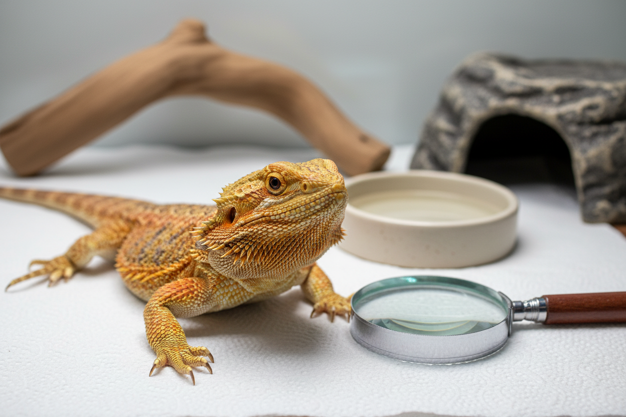 Bearded dragon in a clean habitat with supplies, highlighting reptile mite treatment and care tips