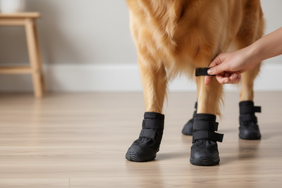 Dog wearing canada pooch soft shield boots for indoor paw protection and comfort