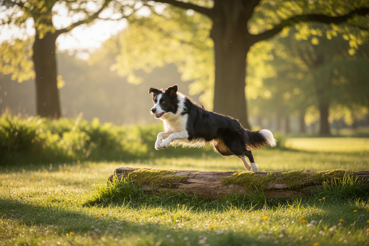 Energetic dog hop as light as bird from brier while playing outdoors in a sunny park