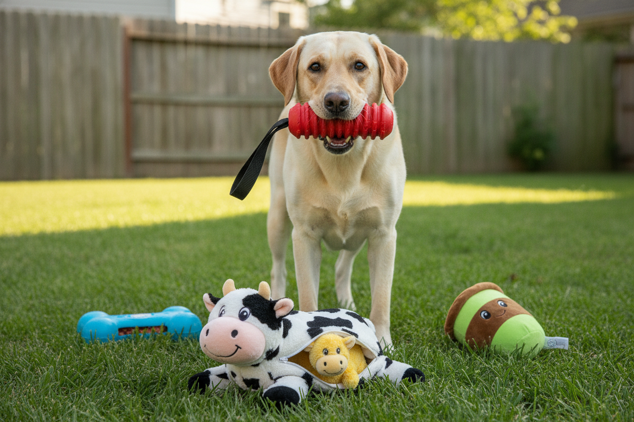 Labrador playing in the yard with interactive dog toys for large dogs to encourage active fun