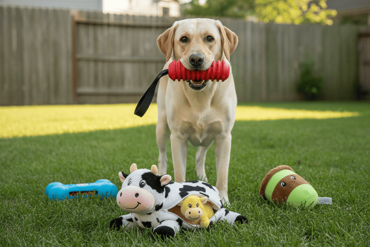 Labrador playing in the yard with interactive dog toys for large dogs to encourage active fun