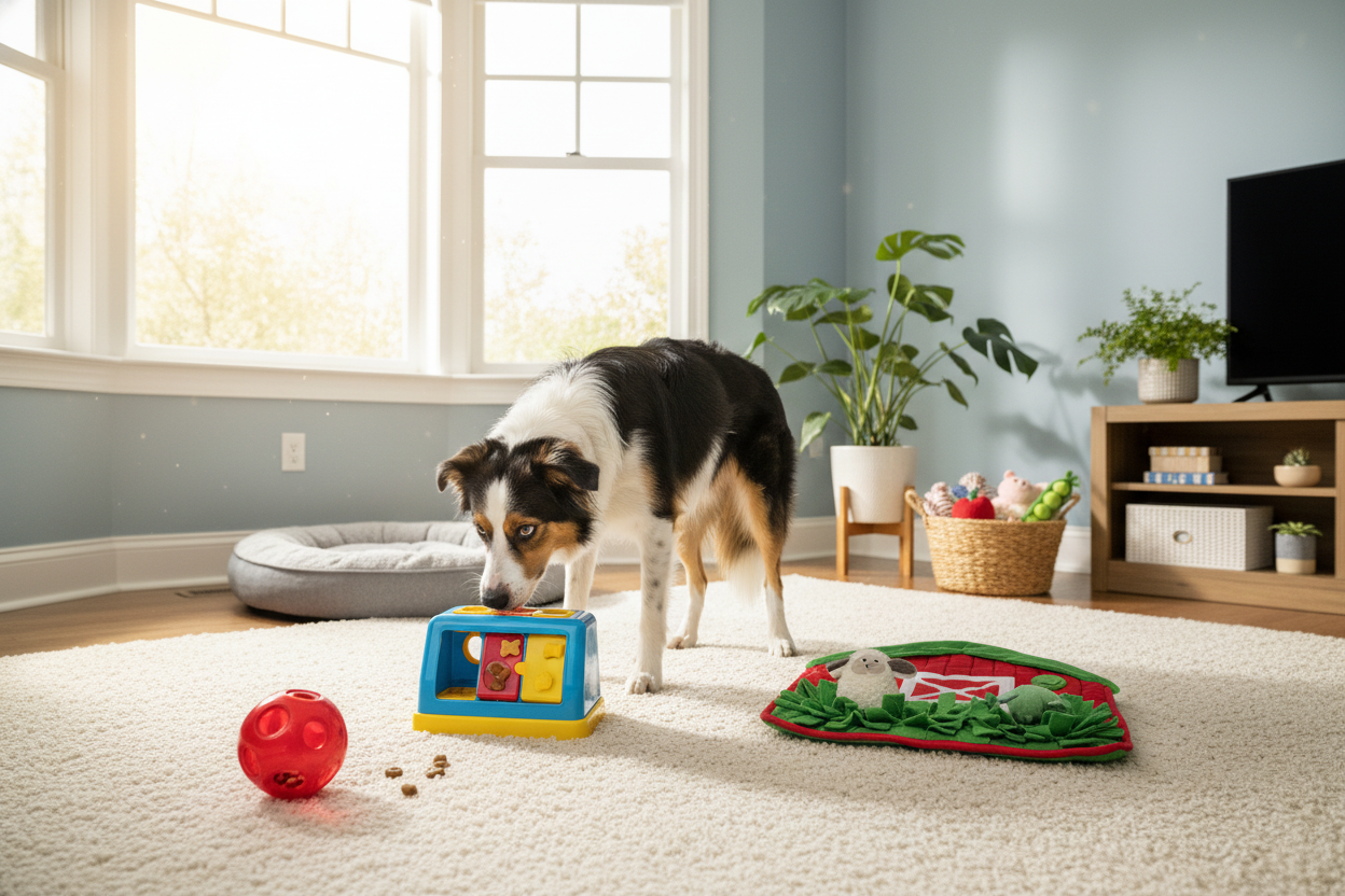 Dog playing with interactive dog toys to stimulate mental activity and encourage healthy playtime indoors