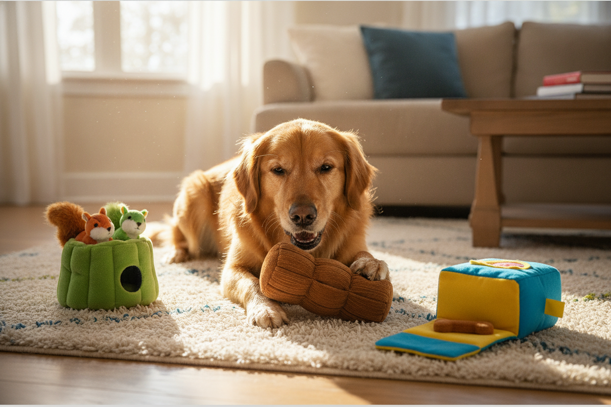 Golden retriever enjoying interactive plush dog toys in a cozy living room for playful enrichment