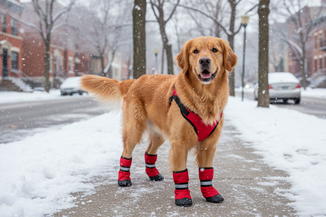 Golden retriever wearing dog boots for winter on a snowy sidewalk, promoting pet comfort and safety
