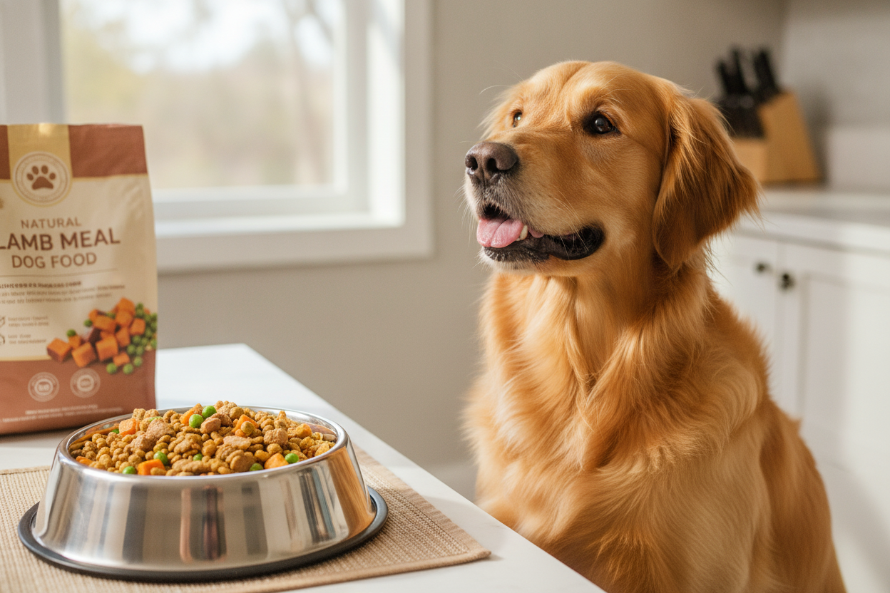 Golden retriever eagerly waiting for a bowl of nutritious lamb meal dog food at breakfast time