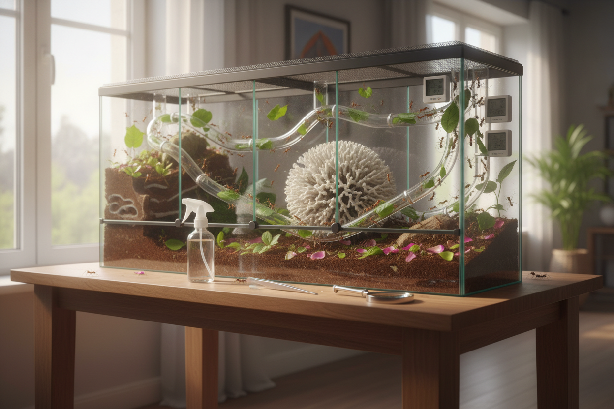Leaf cutter ant setup in a glass terrarium with plants and care tools for easy ant habitat maintenance