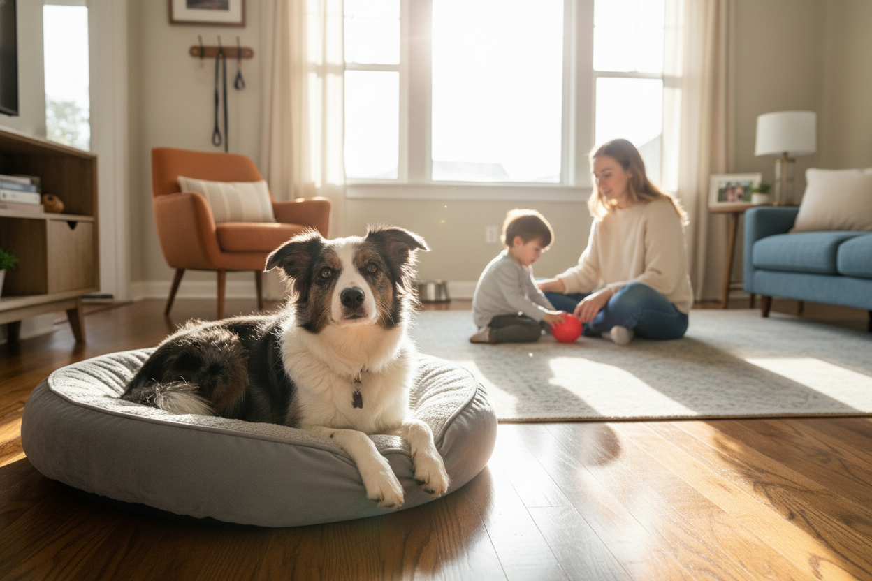 Family relaxing with a 30 40 pound dog breed in a cozy living room setting