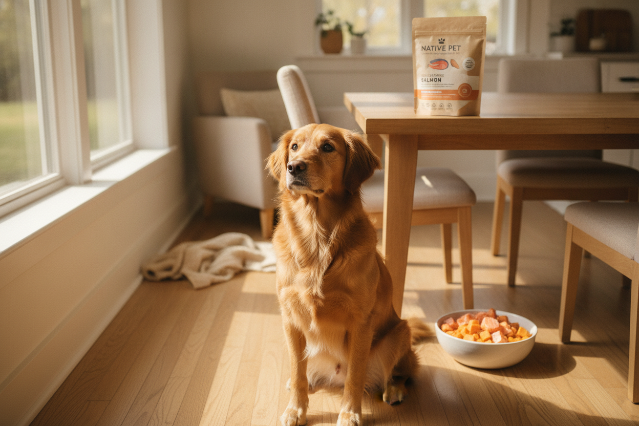 Golden retriever enjoying limited ingredient dog food in a sunlit kitchen for healthy mealtime inspiration