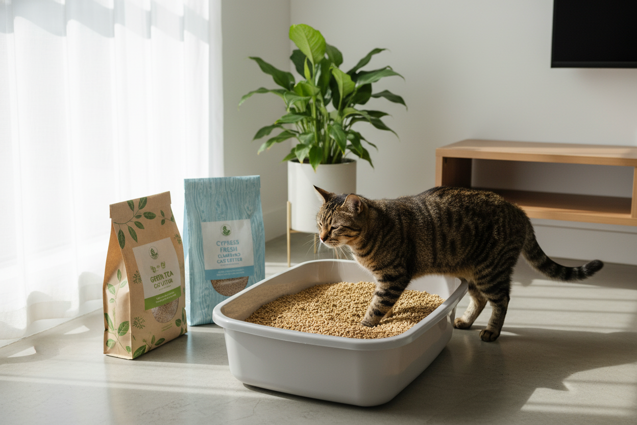 Tabby cat using natural clumping cat litter in a bright home, showcasing eco-friendly pet care options