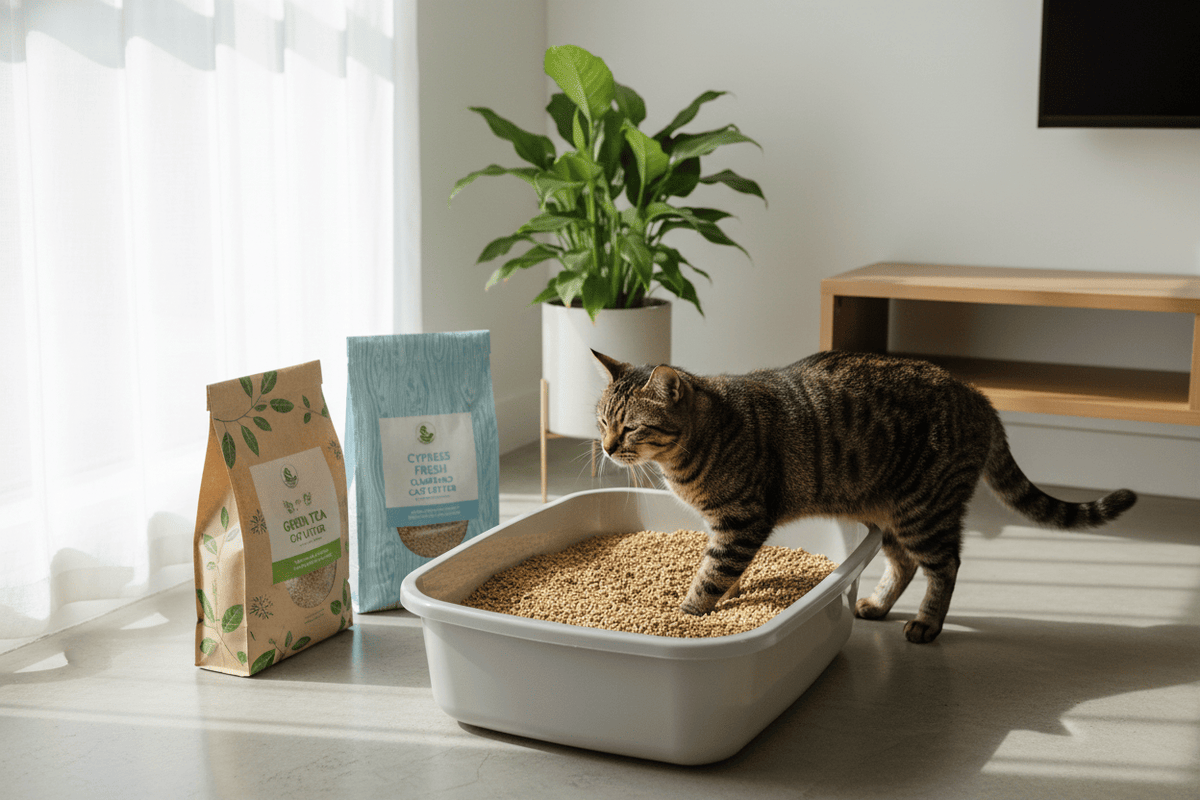 Tabby cat using natural clumping cat litter in a bright home, showcasing eco-friendly pet care options