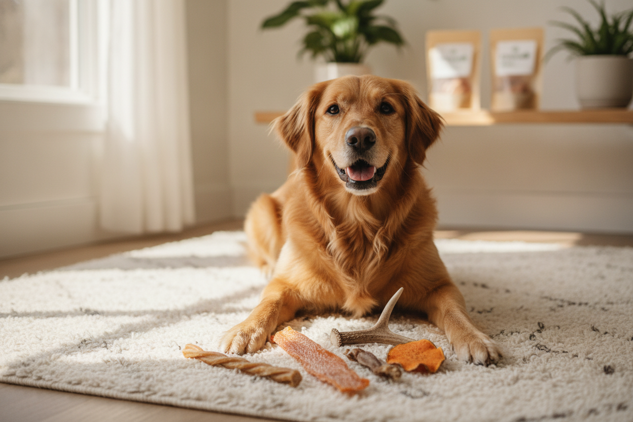 Happy dog enjoying natural dog chews for digestive health in a bright, pet-friendly home setting