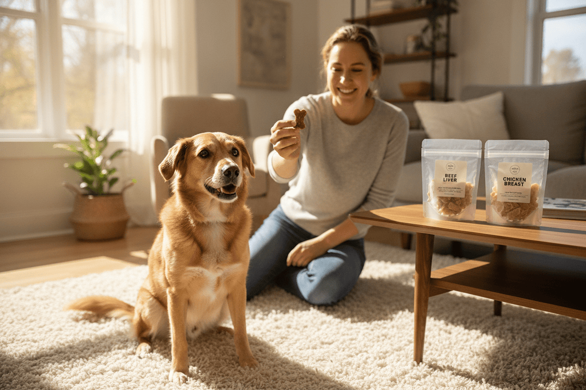Dog owner rewarding pet with natural dog training treats for positive reinforcement at home