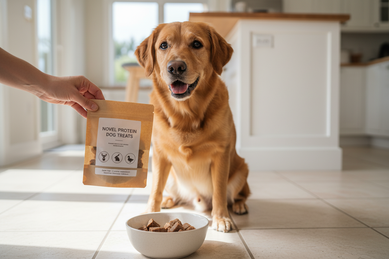 Happy dog waiting for novel protein dog treats in a kitchen, showcasing healthy snack options