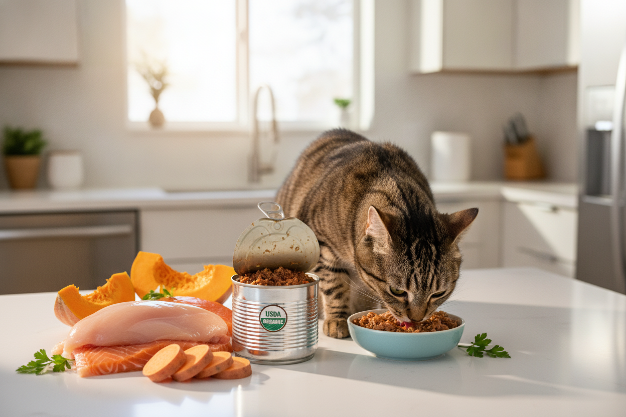 Tabby cat enjoying organic wet cat food made with fresh chicken, salmon, and vegetables in a bright kitchen