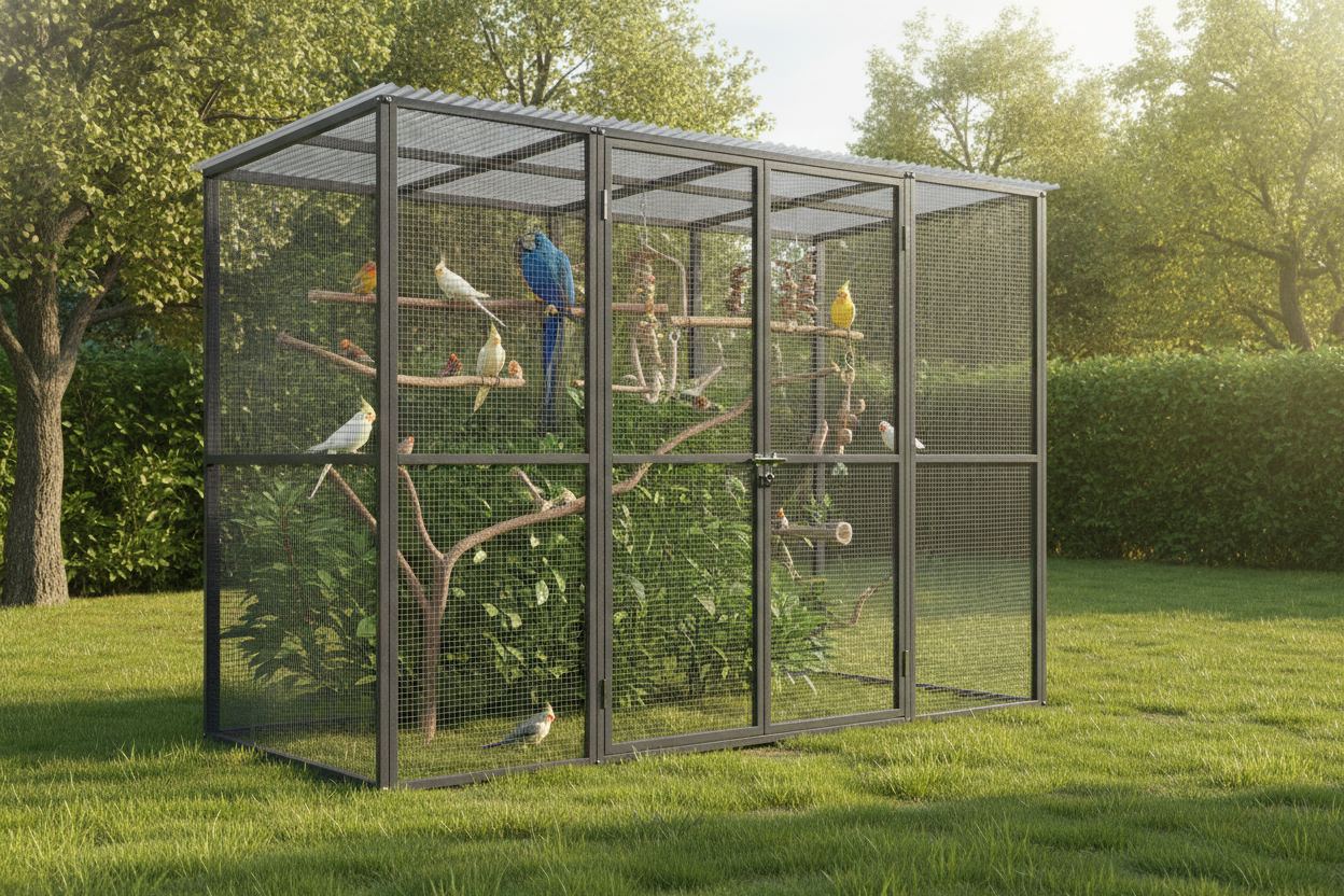 Spacious outdoor bird aviary walk-in with colorful birds and natural branches for safe enrichment