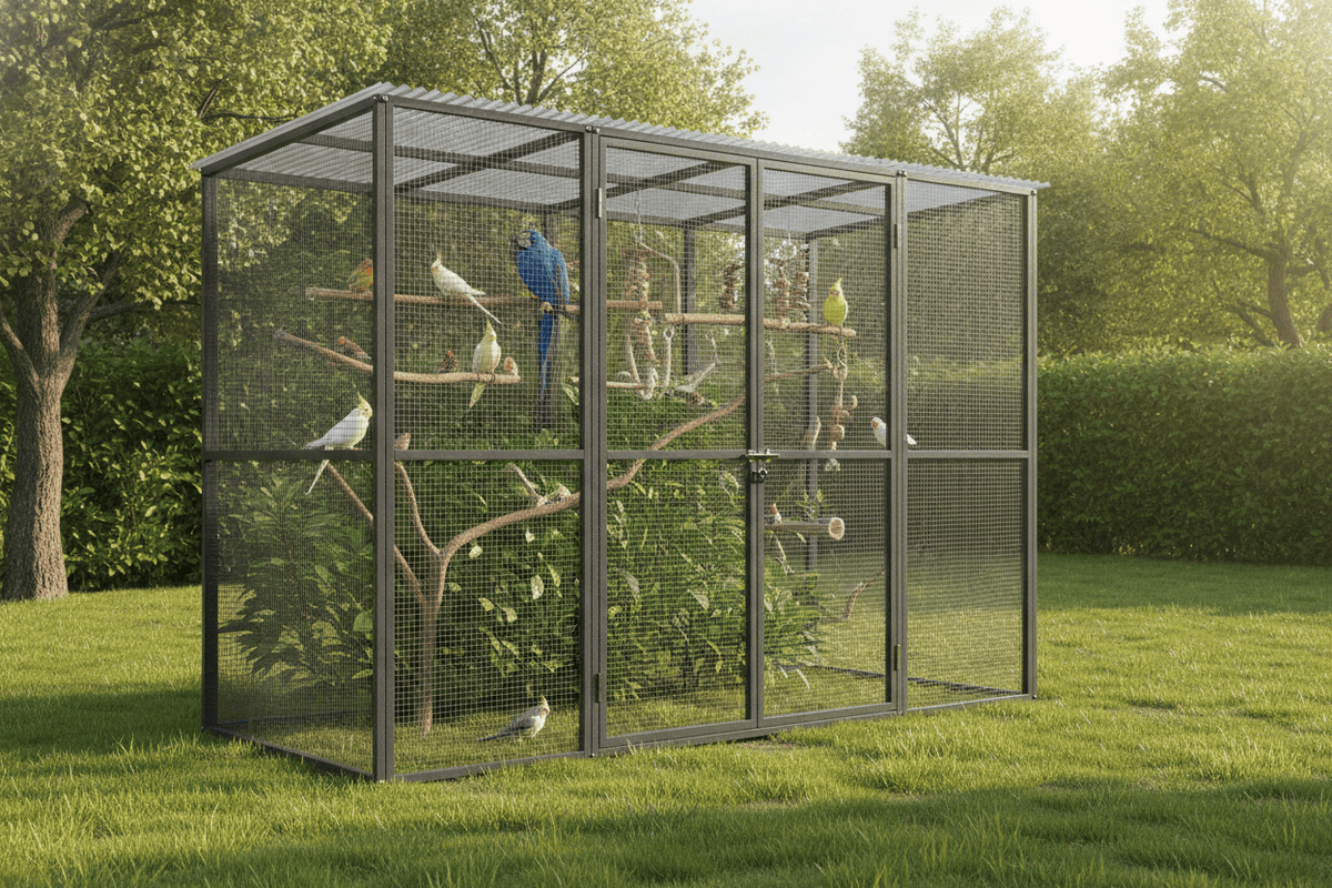 Spacious outdoor bird aviary walk-in with colorful birds and natural branches for safe enrichment