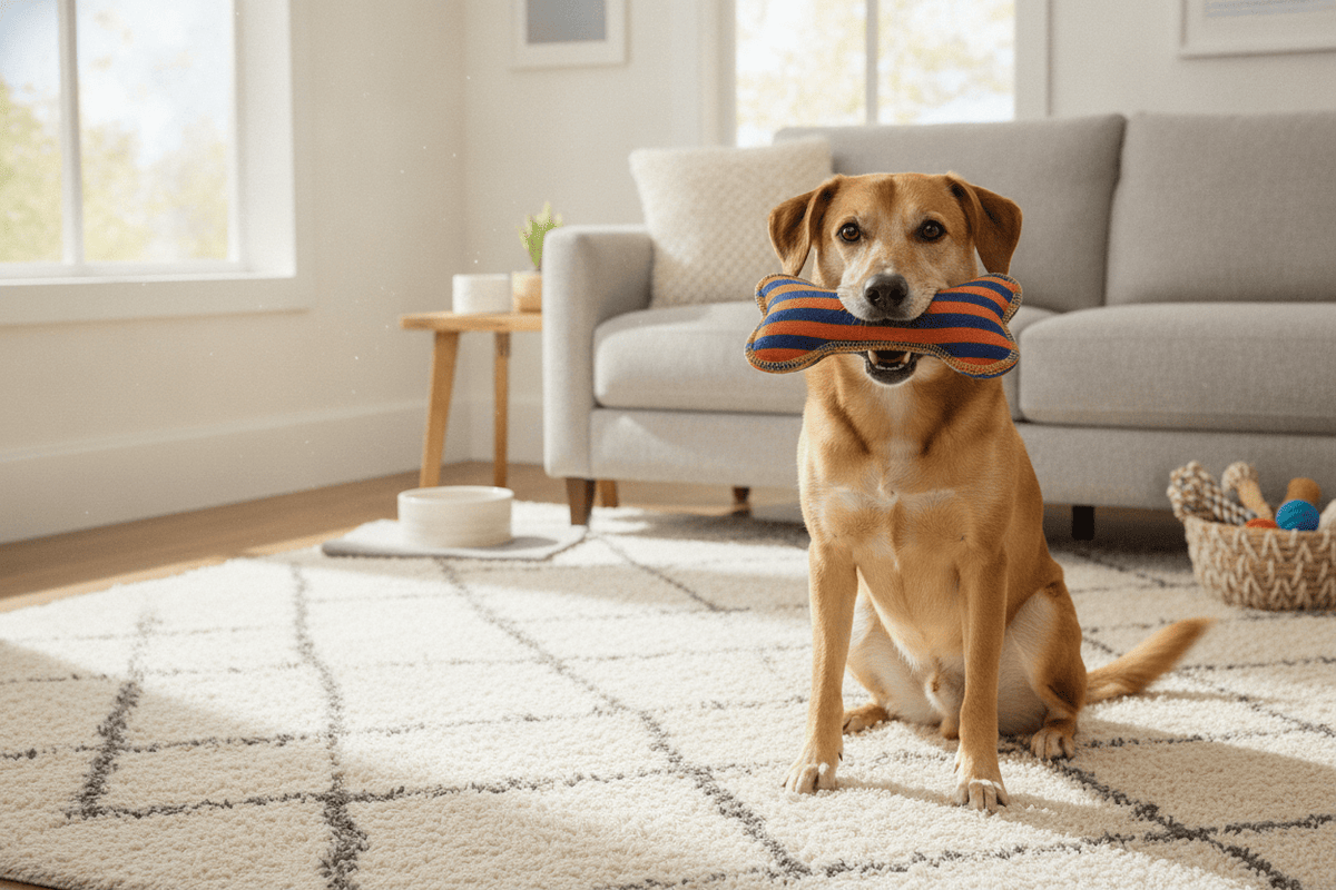 Happy dog playing with durable plush dog toys for chewers in a cozy living room setting