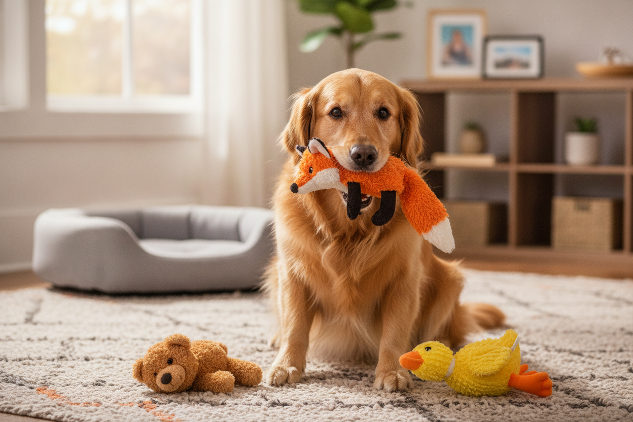 Golden retriever playing with plush squeaky dog toys in a cozy living room setting