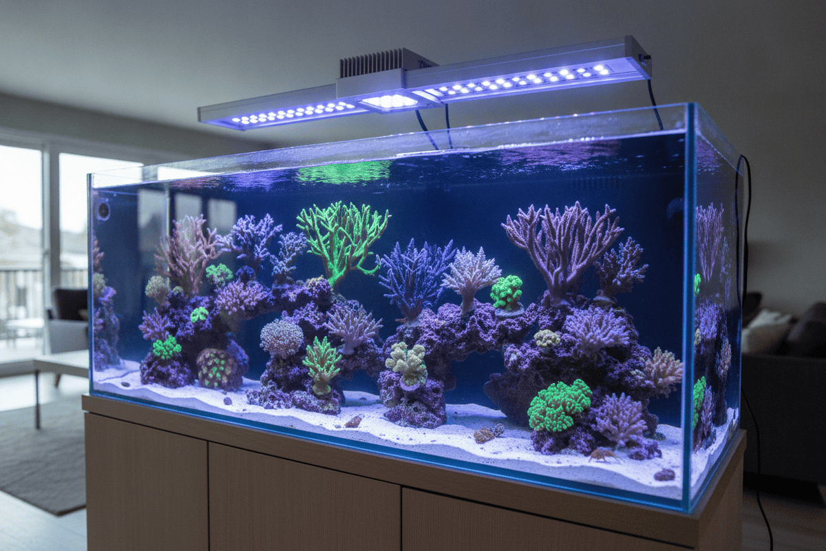 Vibrant corals illuminated by reef aquarium LED lighting for optimal marine tank health and color