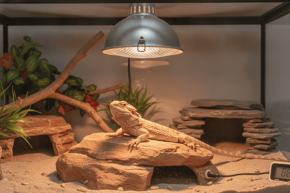 Bearded dragon basking under a heat lamp with thermometer for reptile heat lamp safety tips