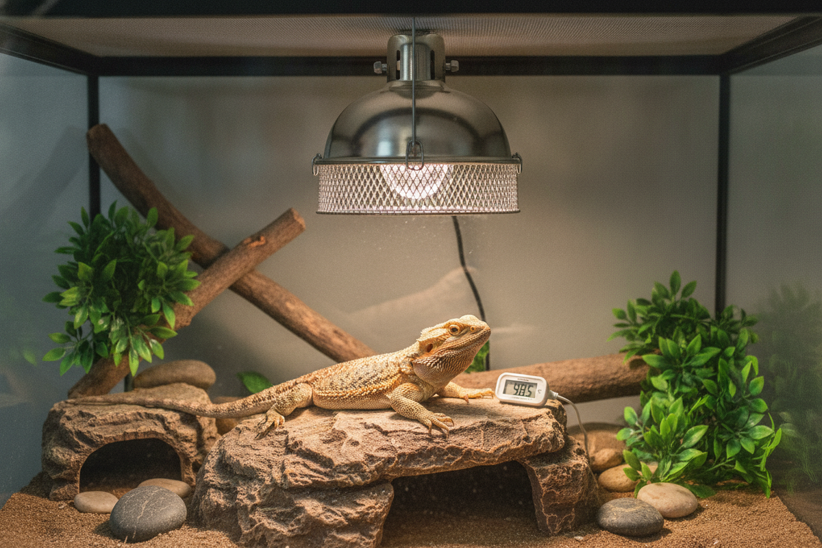 Bearded dragon basking under heat lamp with thermometer, demonstrating reptile heat lamp safety tips