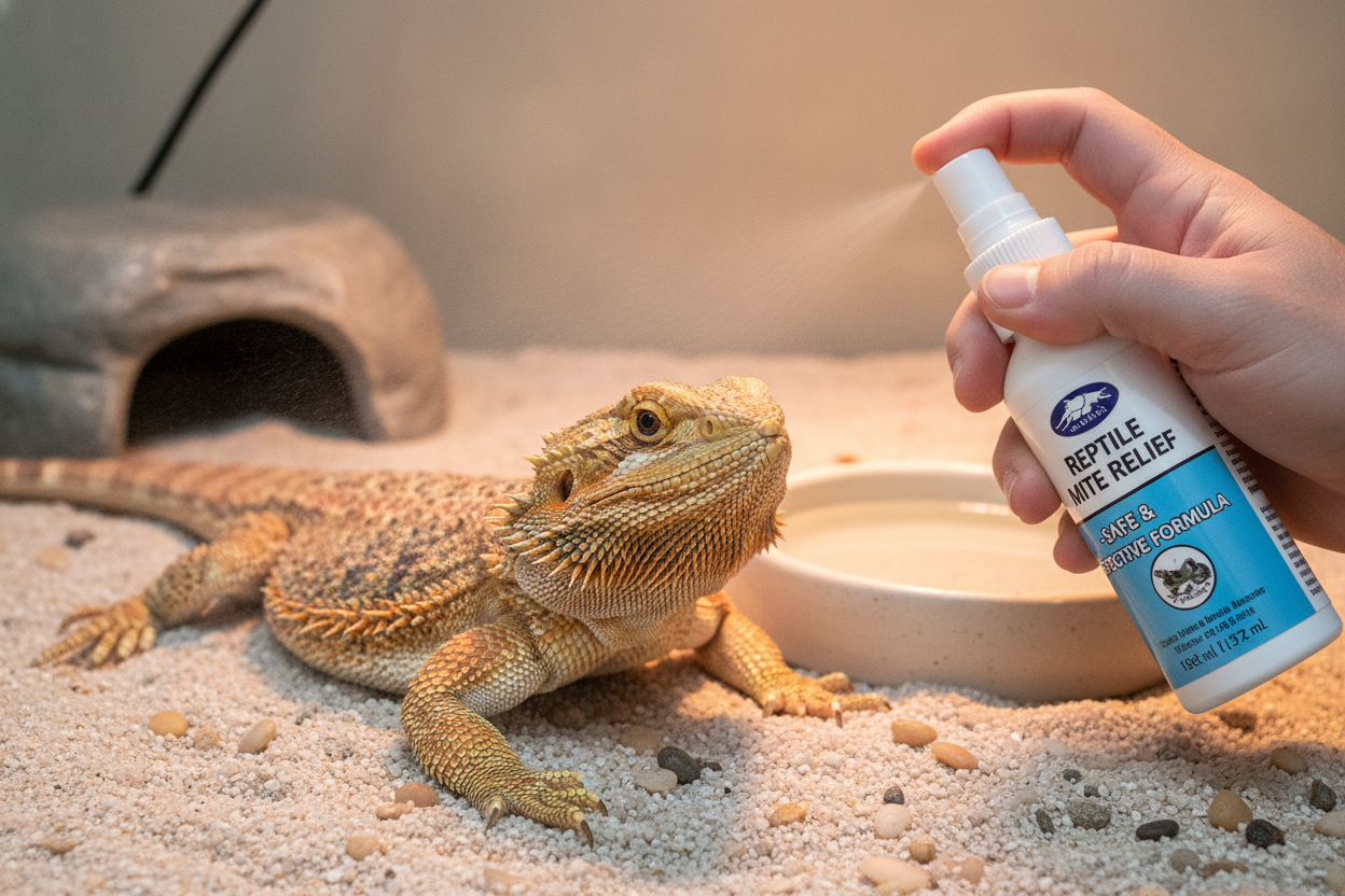 Reptile mite treatment being applied to a bearded dragon for safe and effective parasite relief