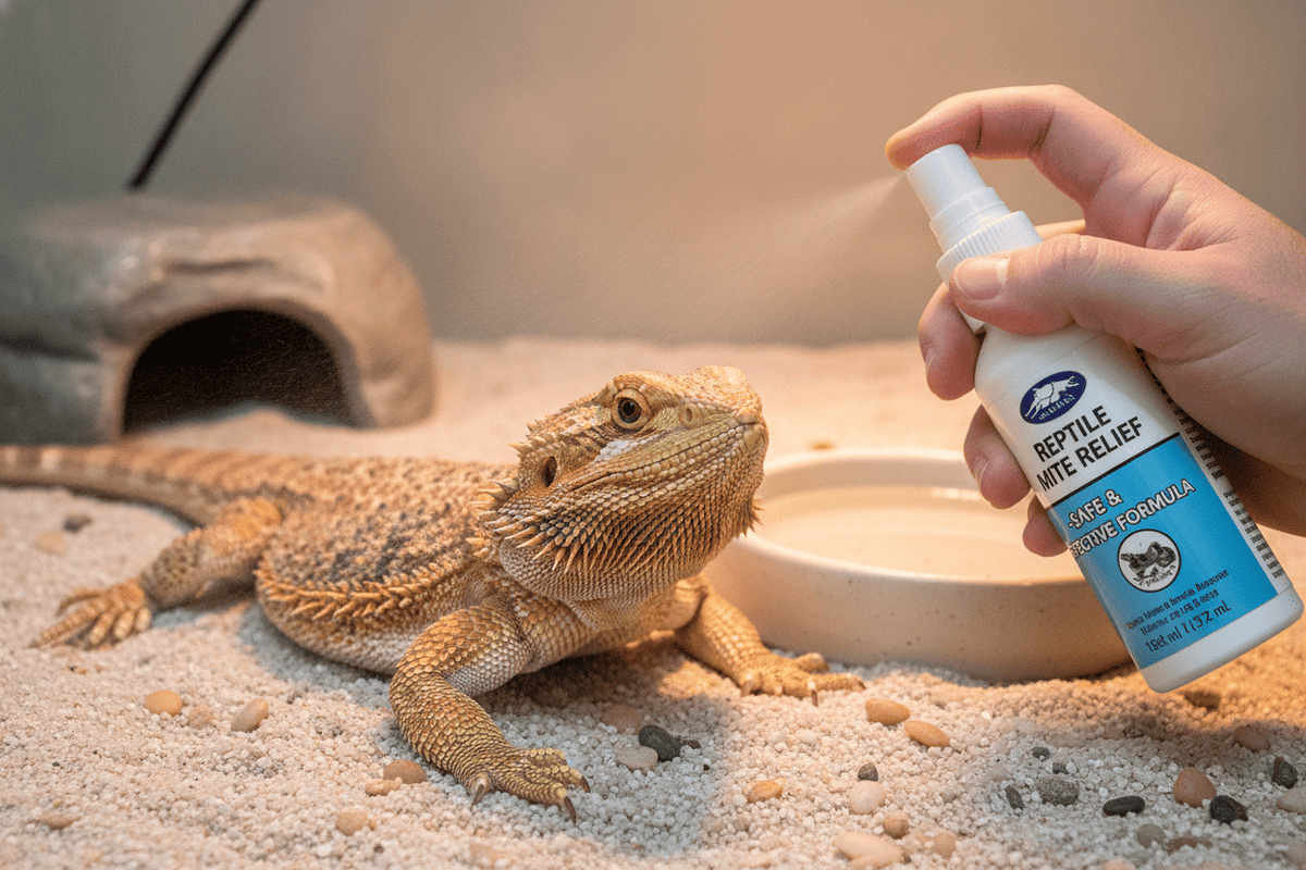 Reptile mite treatment being applied to a bearded dragon for safe and effective parasite relief