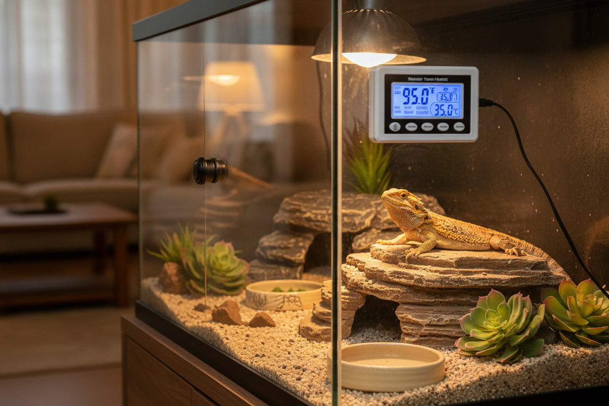 Bearded dragon basking under heat lamp with digital thermostat, perfect for a reptile thermostat guide