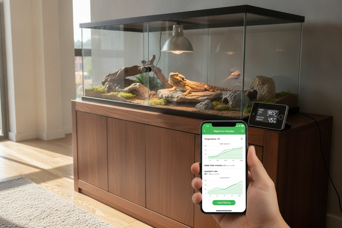 Reptile thermostat WiFi monitoring for terrarium temperature and humidity control using a smartphone app
