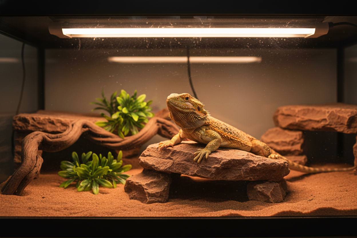 Bearded dragon basking under reptile UVB lighting in a terrarium with rocks and plants