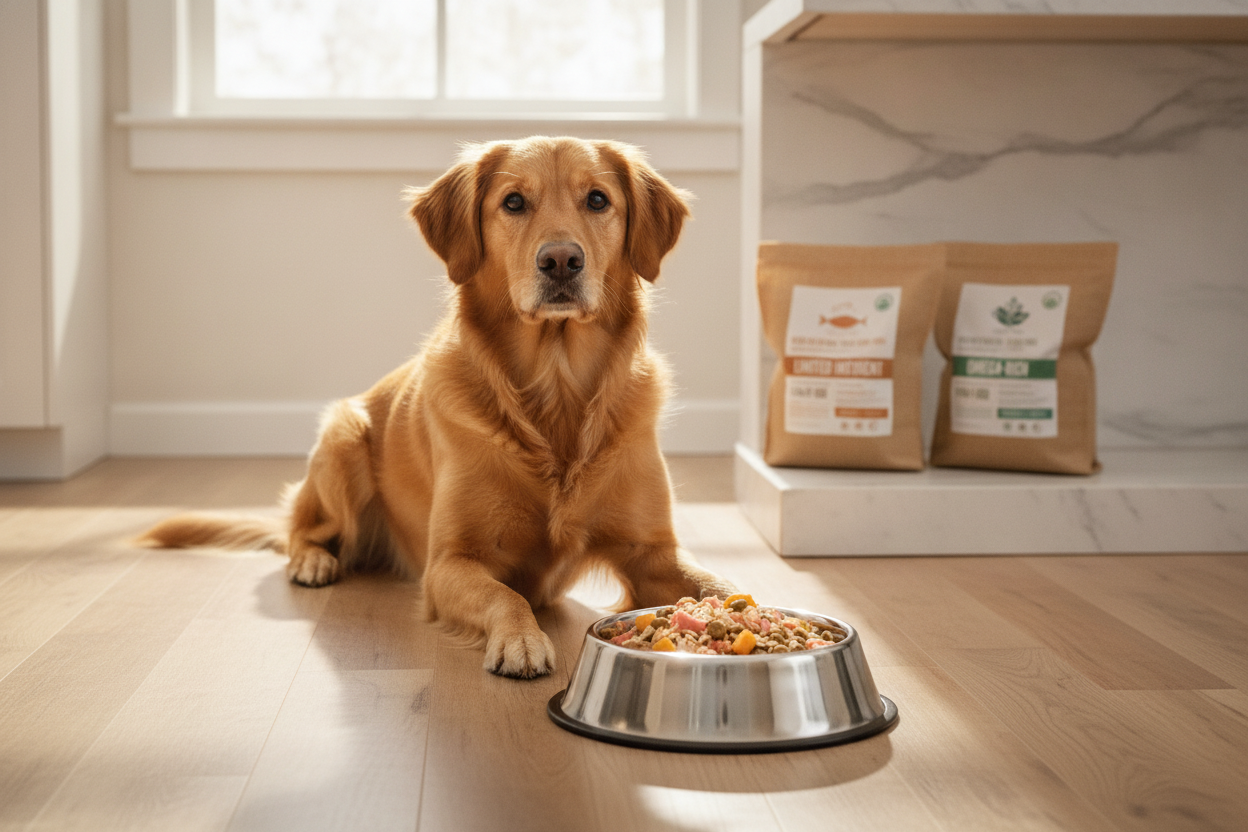Golden retriever enjoying sensitive skin dog food with wholesome ingredients for healthy skin and coat