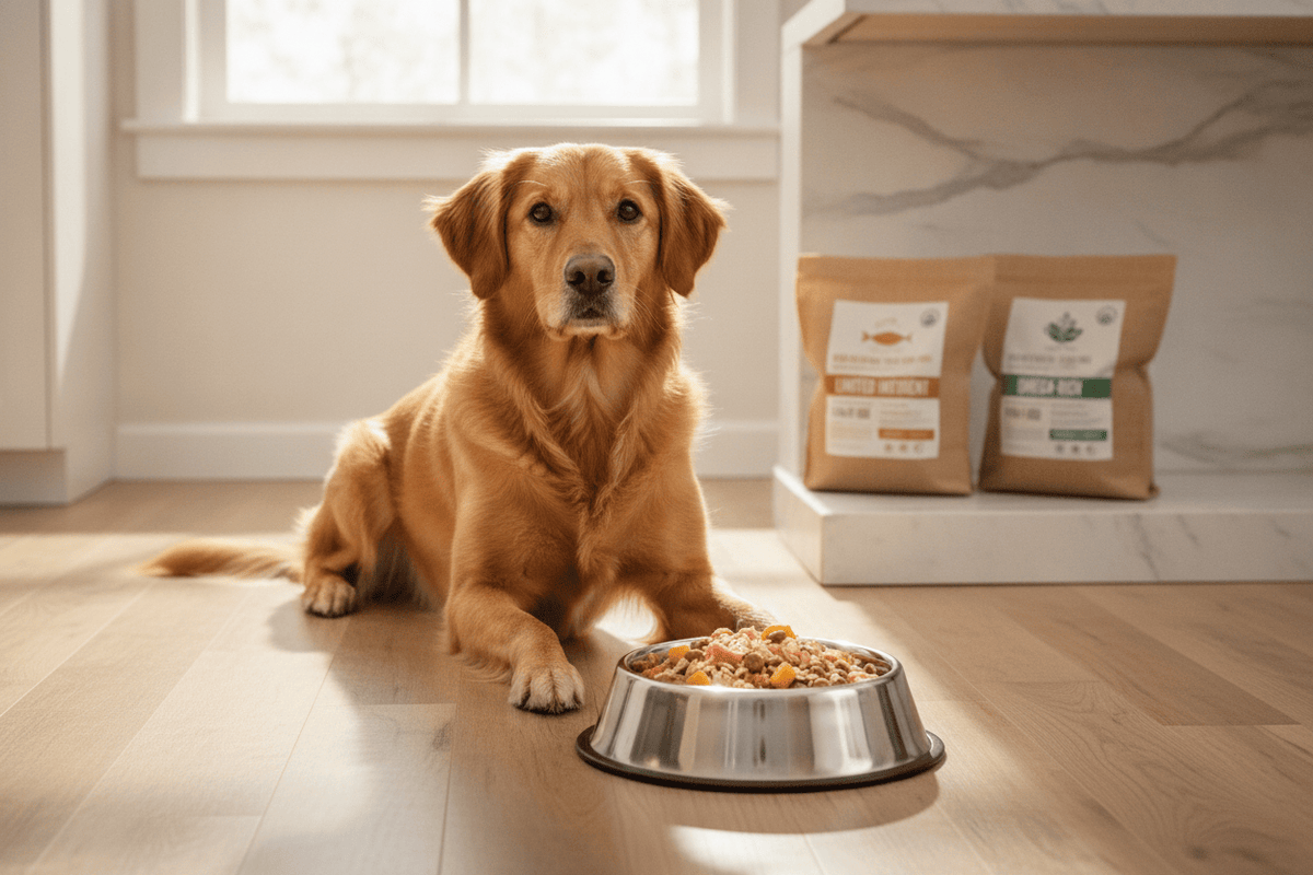 Golden retriever enjoying sensitive skin dog food with wholesome ingredients for healthy skin and coat