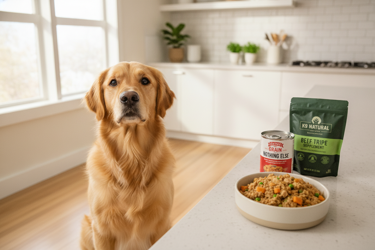 Golden retriever in kitchen with sensitive stomach dog food and natural meal options on counter