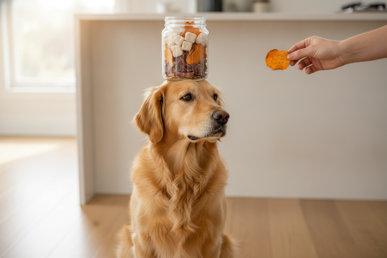 Golden retriever balancing a jar of single ingredient dog treats, showing healthy snack options for pets