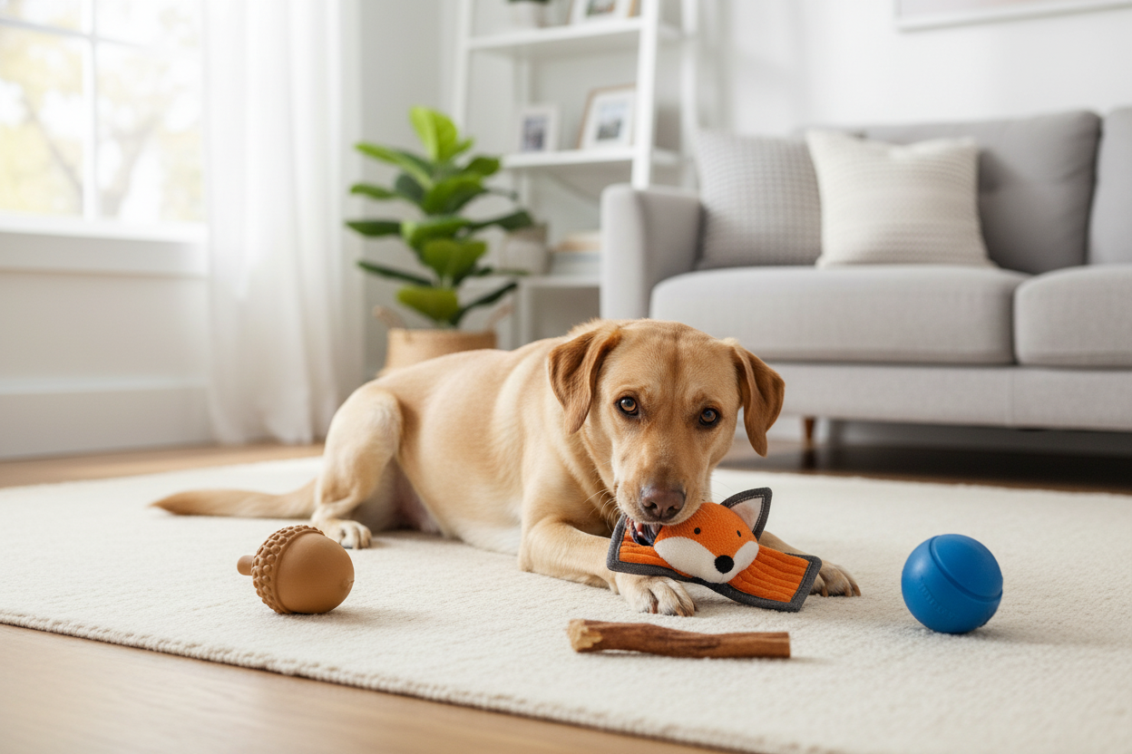 Happy dog chewing on stuffingless dog toys in a cozy living room for safe and mess-free play