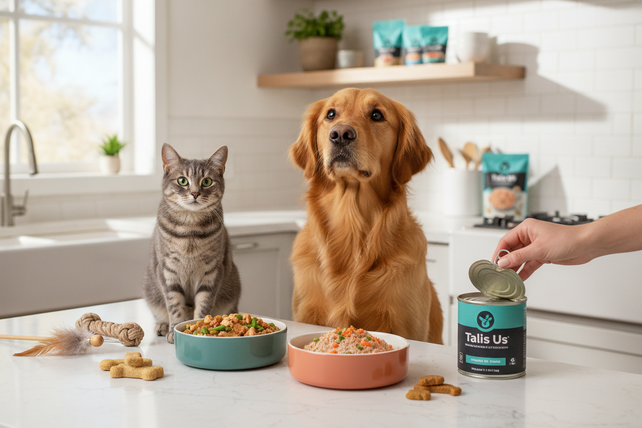 Cat and dog waiting for talis us wet food with treats and toys in a bright kitchen